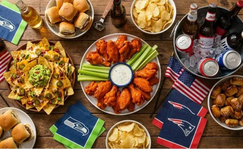 Delicious spread of classic Super Bowl party food including buffalo wings, nachos, sliders, and beer for game day.